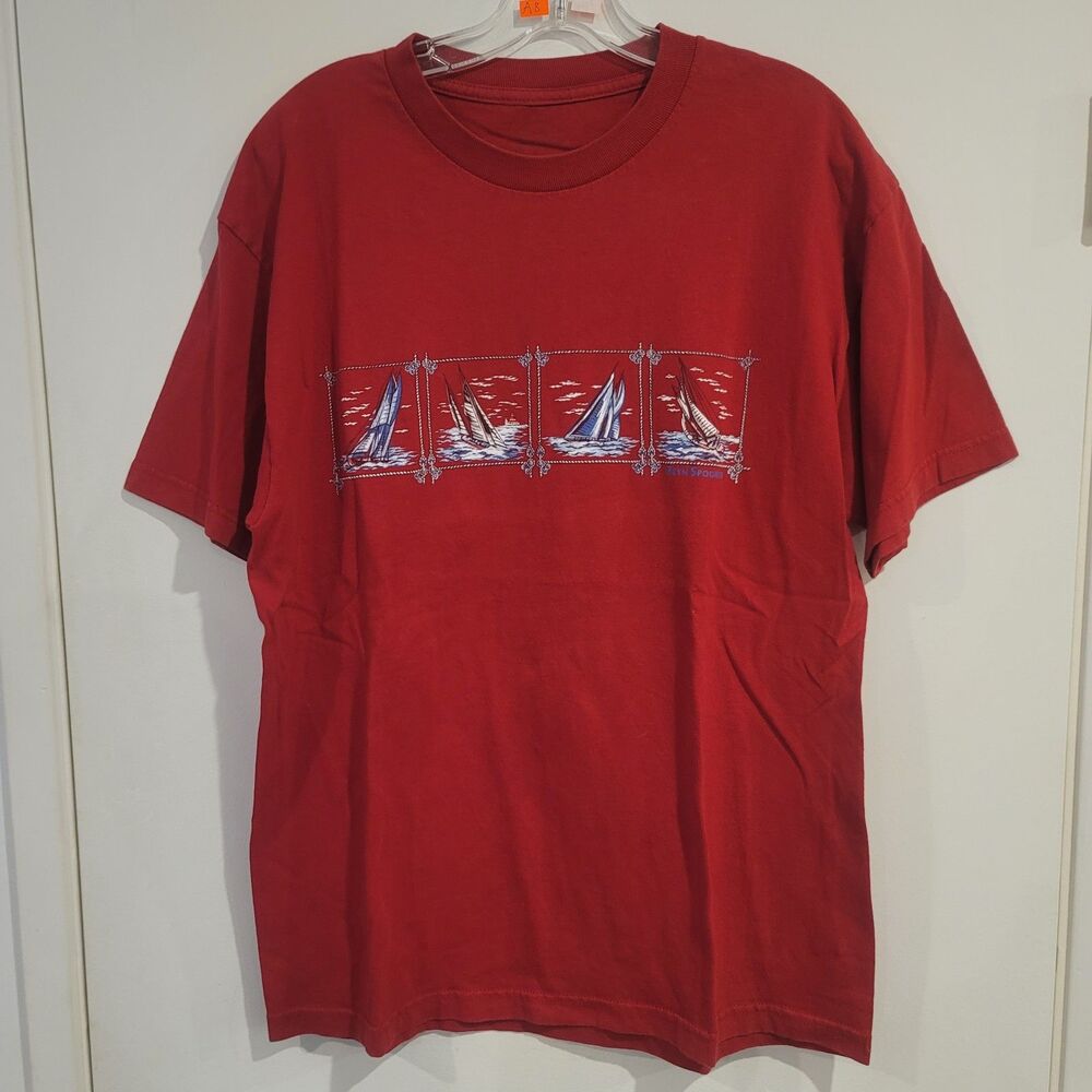 Vintage Reyn Spooner Men's Red T-Shirt with Sailboat Graphic Print